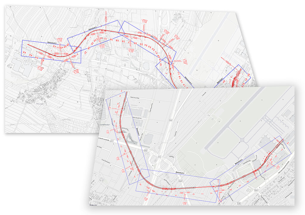 Ausschnitte der Übersichtslagepläne für zwei Varianten zur Verlängerung der S-Bahn 2 in Richtung Airportpark