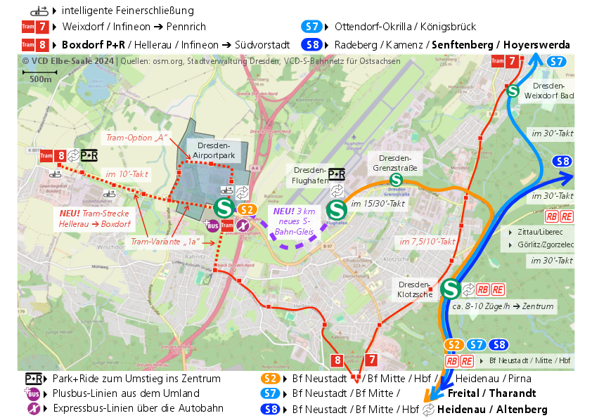 Geografischer Liniennetzplan im Ausschnitt zwischen Gewerbegebiet Boxdorf und Bf Klotzsche