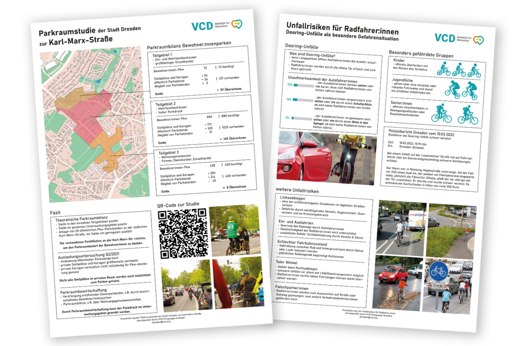 Screenshots der Plakate zur Parkraumanalyse an der Karl-Marx-Straße und zu Dooring-Unfällen