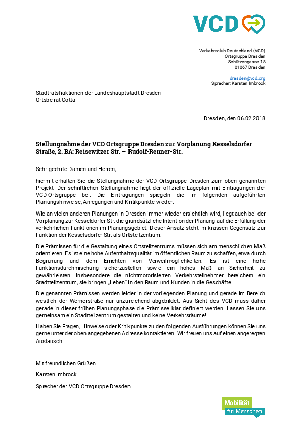 Die Stellungnahme des VCD zur Vorplanung der Kesselsdorfer Str.